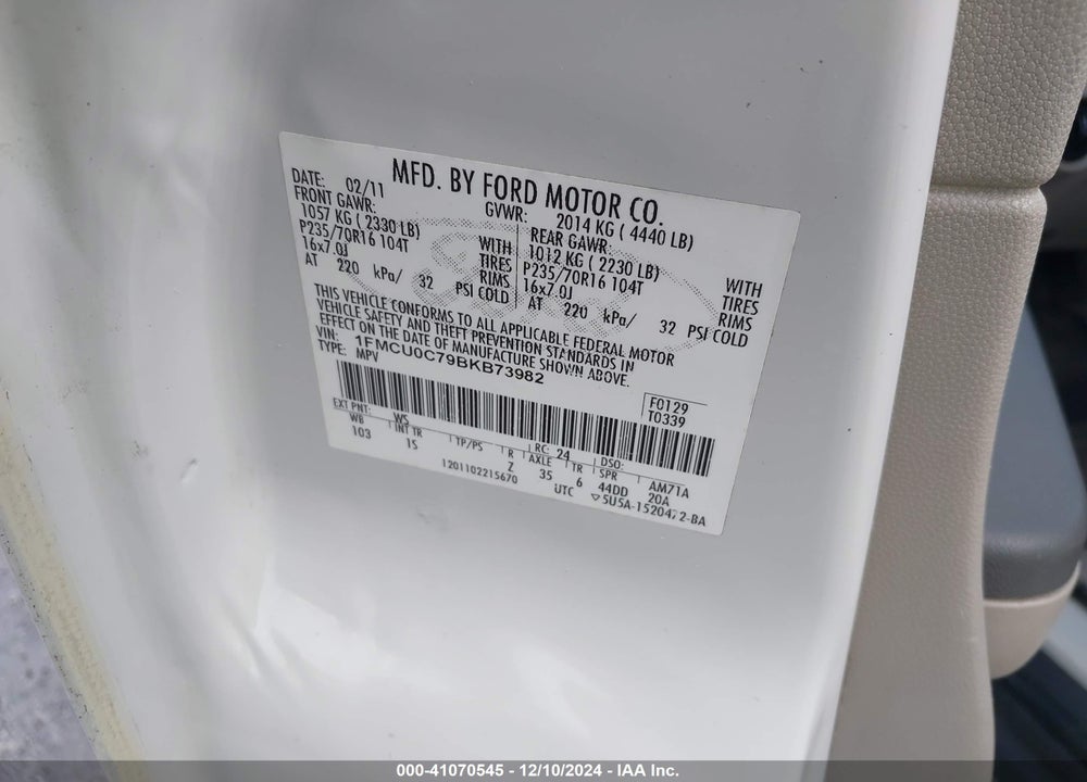 2011 FORD ESCAPE XLS VIN: 1FMCU0C79BKB73982