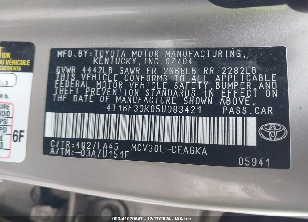 2005 TOYOTA CAMRY XLE V6 VIN: 4T1BF30K05U083421