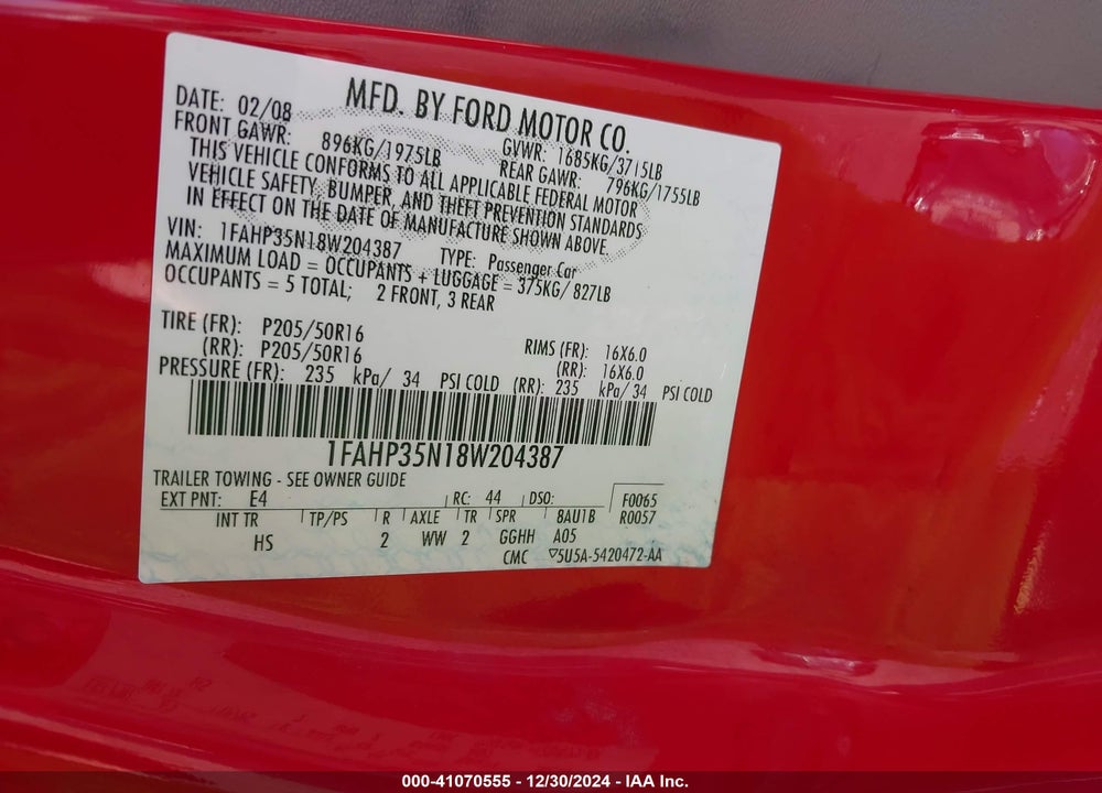 2008 FORD FOCUS SE/SES VIN: 1FAHP35N18W204387
