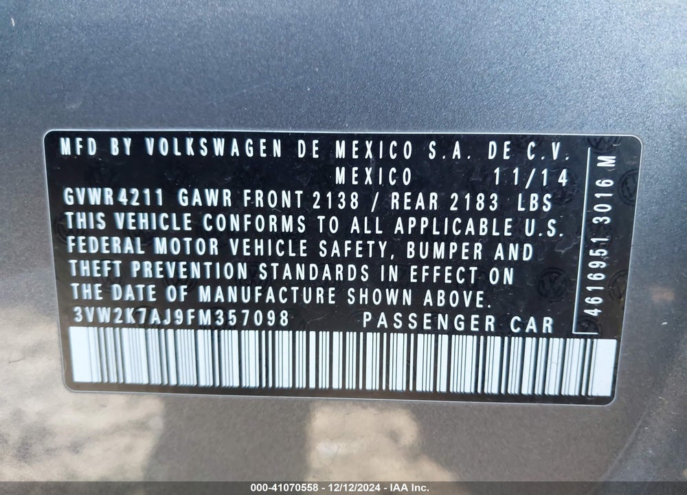 2015 VOLKSWAGEN JETTA 2.0L S VIN: 3VW2K7AJ9FM357098