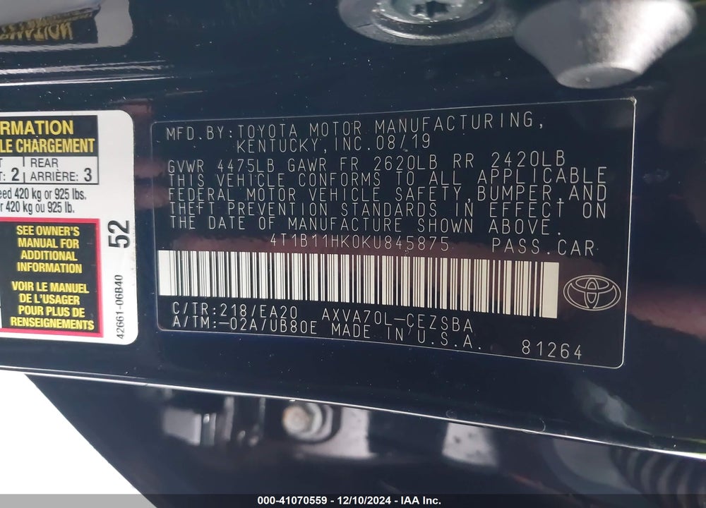 2019 TOYOTA CAMRY VIN: 4T1B11HK0KU845875
