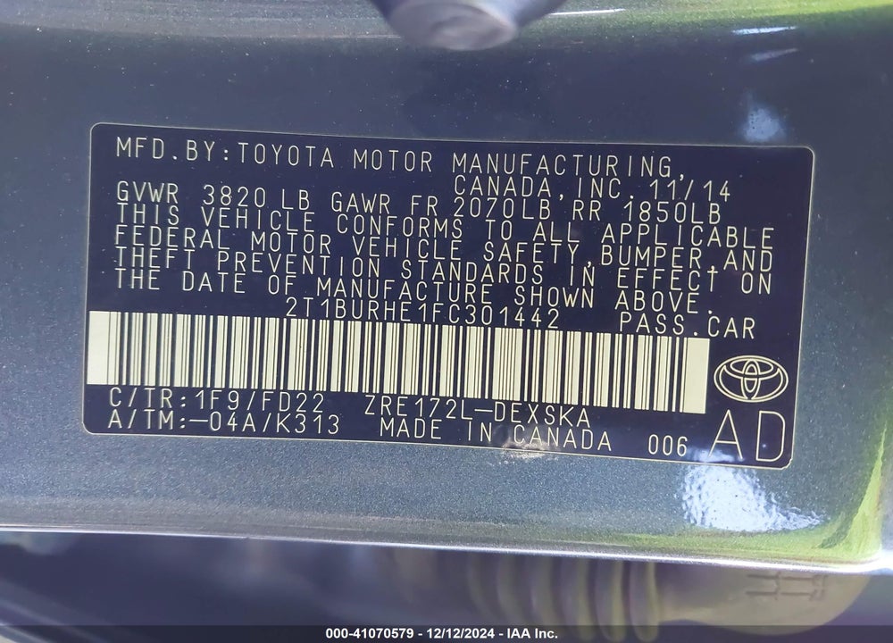 2015 TOYOTA COROLLA S PLUS VIN: 2T1BURHE1FC301442