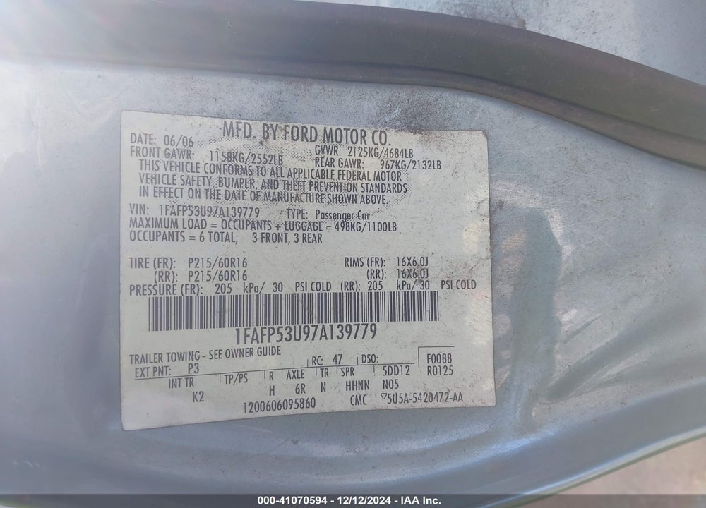 2007 FORD TAURUS SE VIN: 1FAFP53U97A139779