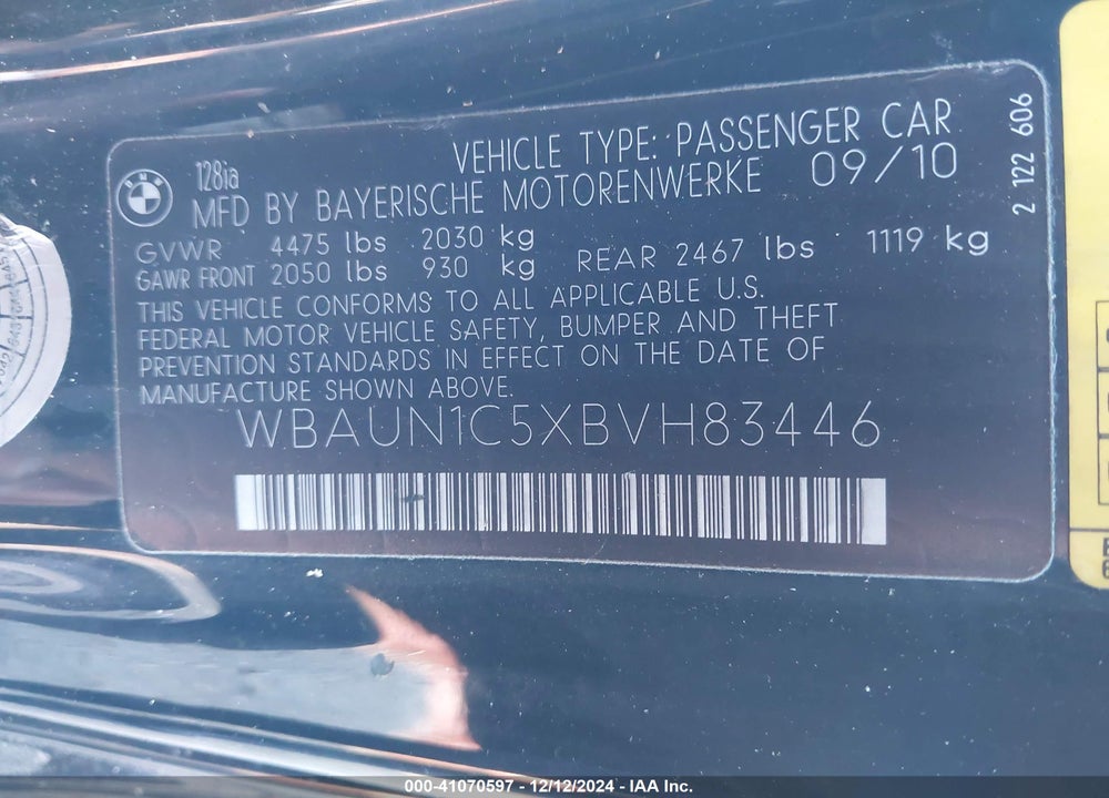 2011 BMW 128I VIN: WBAUN1C5XBVH83446