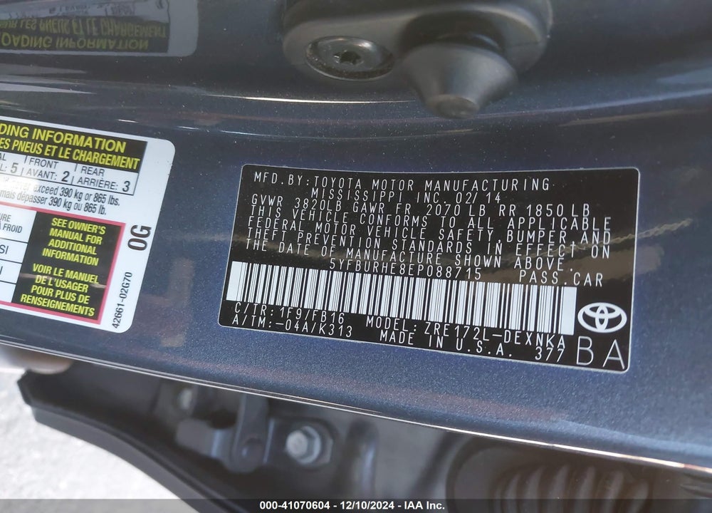 2014 TOYOTA COROLLA LE PLUS VIN: 5YFBURHE8EP088715