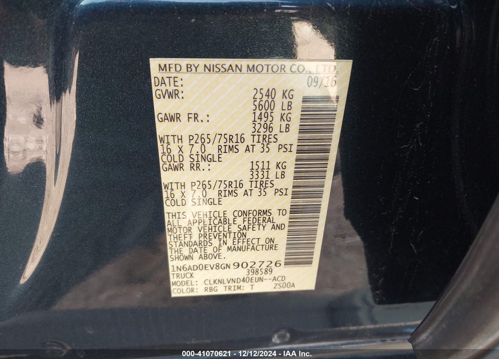 2016 FRONTIER NISSAN  PRO-4X VIN: 1N6AD0EV8GN902726