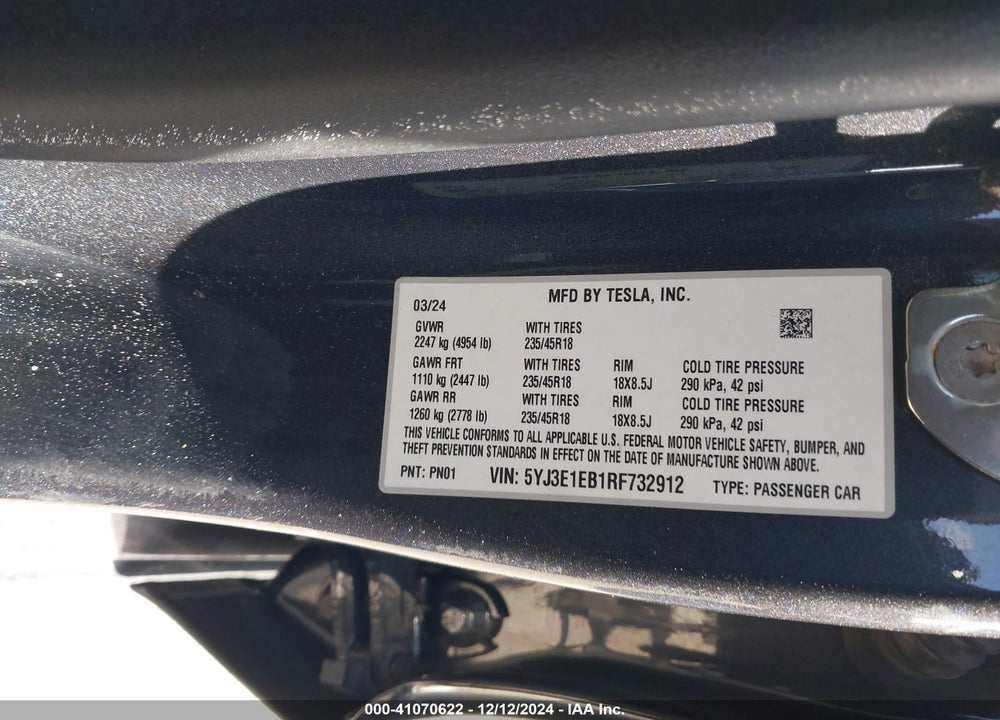 2024 TESLA MODEL 3 VIN: 5YJ3E1EB1RF732912