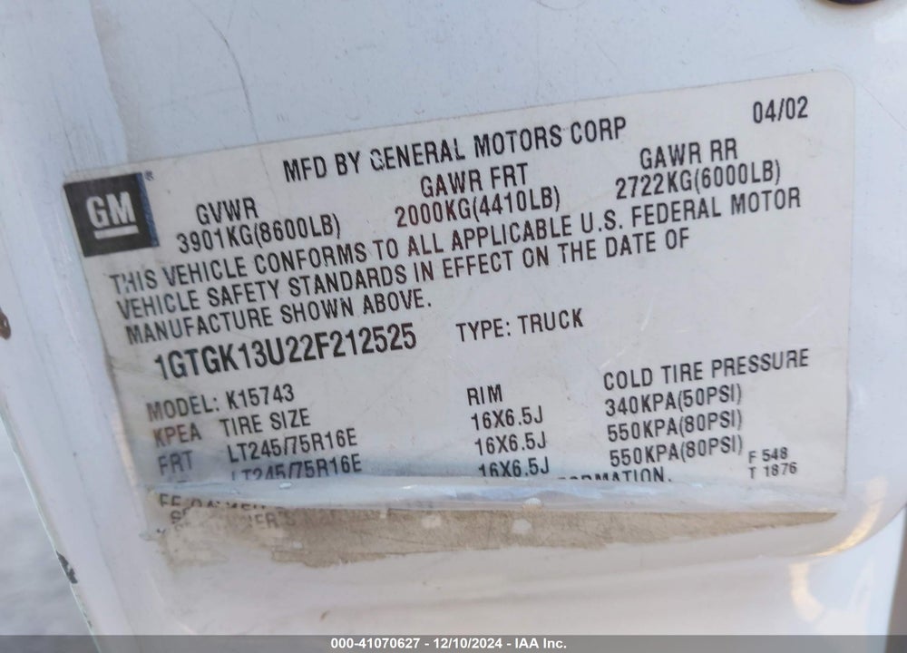 2002 GMC SIERRA 1500HD SLE VIN: 1GTGK13U22F212525