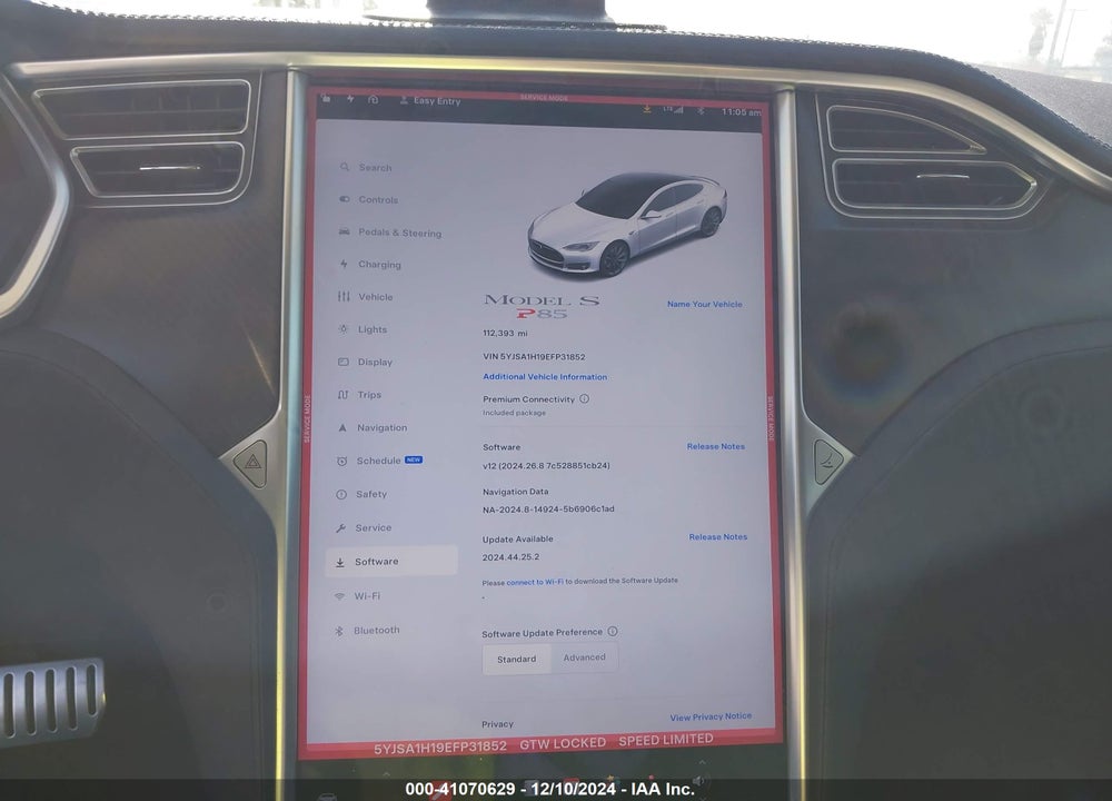 2014 TESLA MODEL S P85 VIN: 5YJSA1H19EFP31852