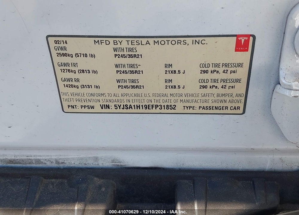 2014 TESLA MODEL S P85 VIN: 5YJSA1H19EFP31852