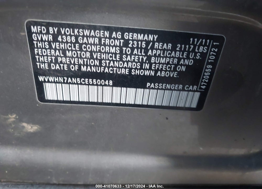 2012 VOLKSWAGEN CC LUX PLUS VIN: WVWHN7AN5CE550048