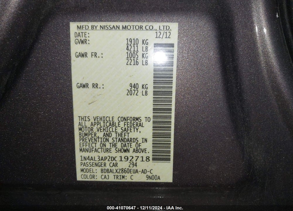 2013 NISSAN ALTIMA 2.5 SL VIN: 1N4AL3AP2DC192718