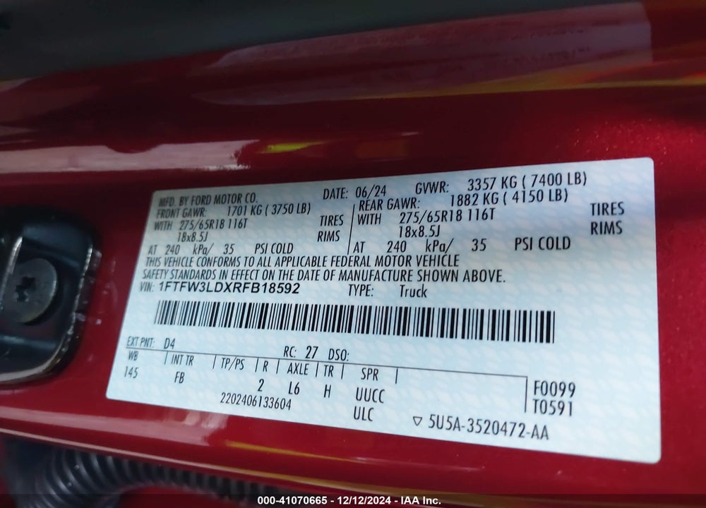 2024 FORD F-150 XLT VIN: 1FTFW3LDXRFB18592
