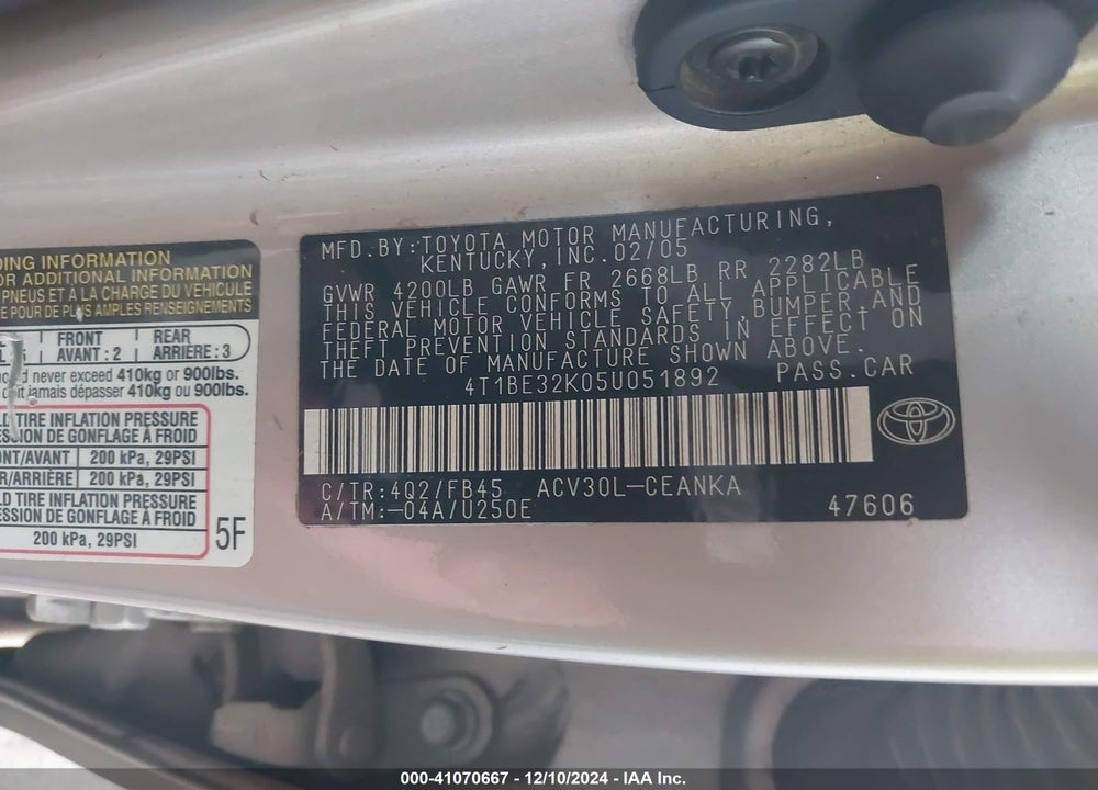 2005 TOYOTA CAMRY LE VIN: 4T1BE32K05U051892