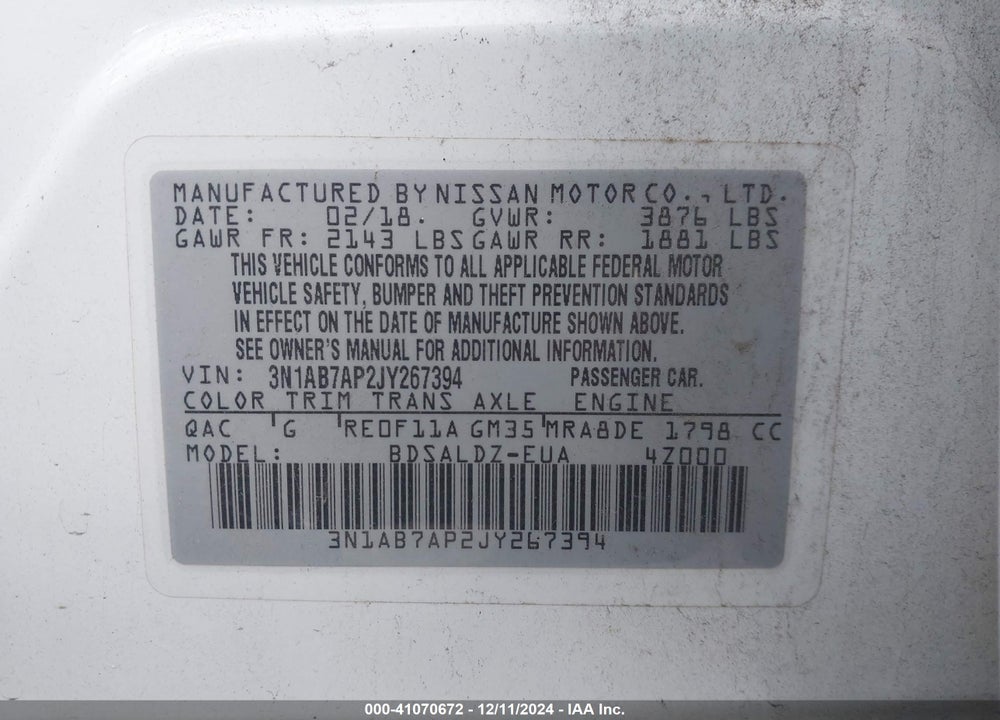2018 NISSAN SENTRA SV VIN: 3N1AB7AP2JY267394