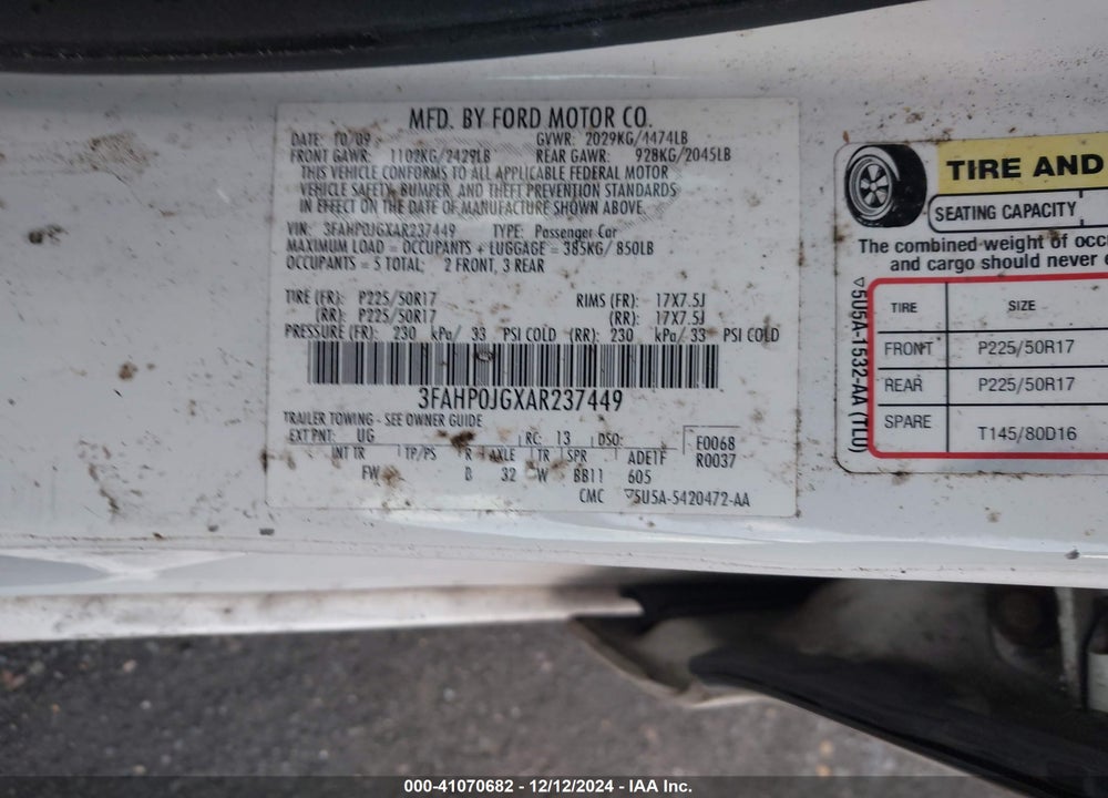 2010 FORD FUSION SEL VIN: 3FAHP0JGXAR237449
