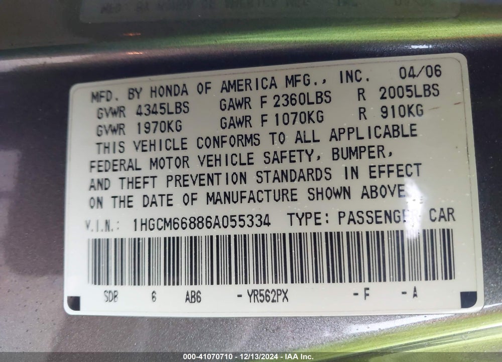 2006 HONDA ACCORD 3.0 EX VIN: 1HGCM66886A055334