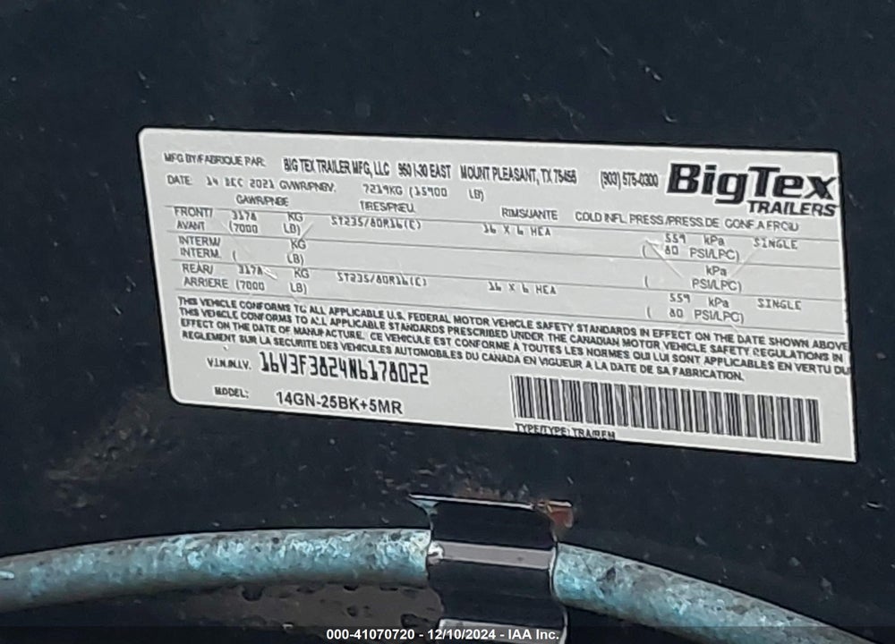 2022 BIG TEX TRAILER CO INC TRAILER VIN: 16V3F3824N6178022