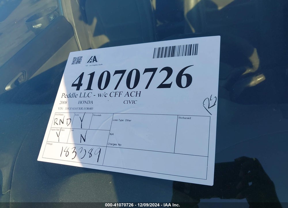 2008 HONDA CIVIC LX VIN: 1HGFA165X8L018680