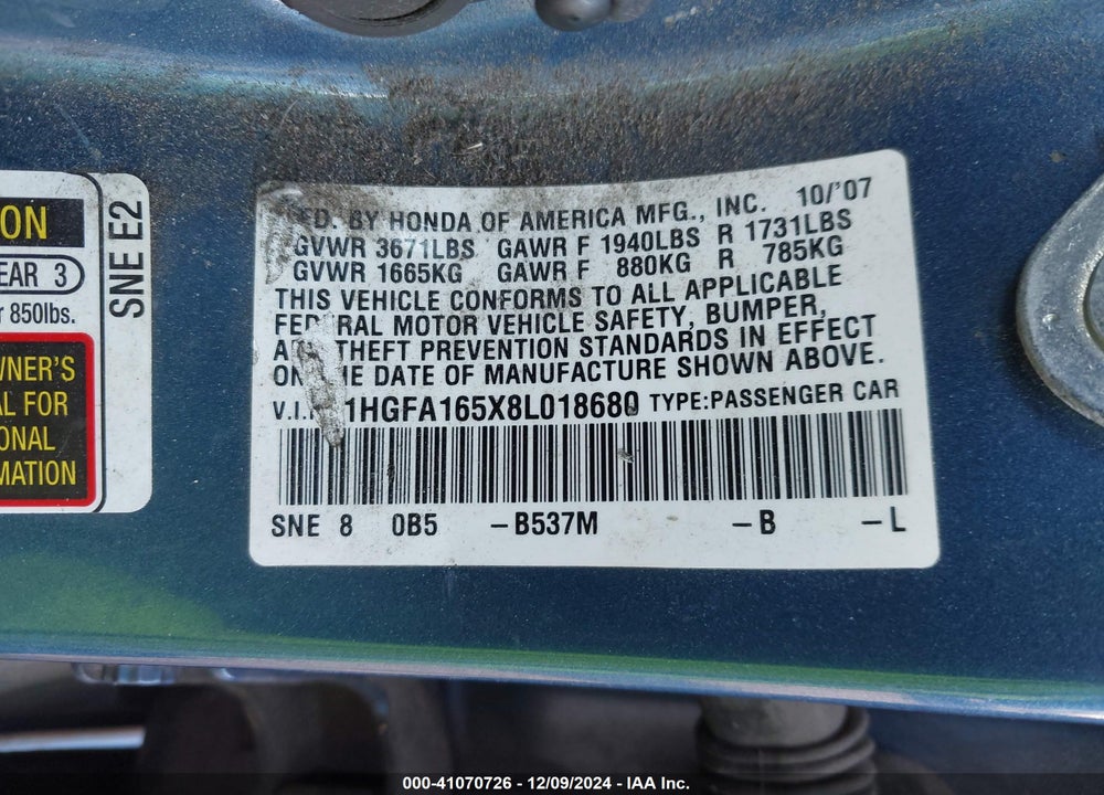 2008 HONDA CIVIC LX VIN: 1HGFA165X8L018680