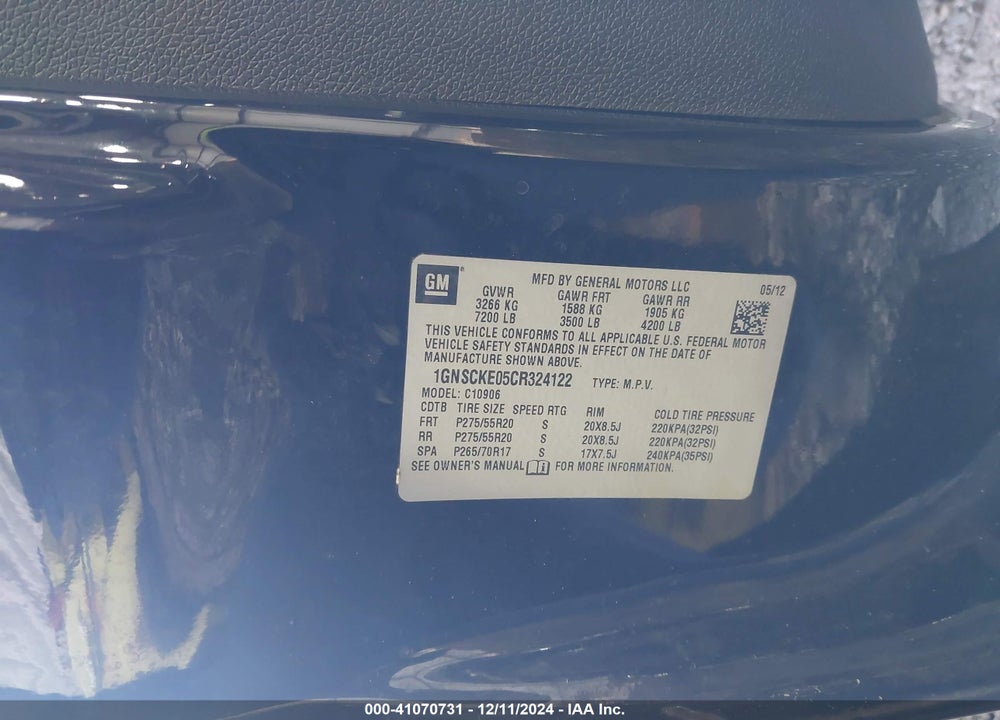 2012 CHEVROLET SUBURBAN 1500 LTZ VIN: 1GNSCKE05CR324122