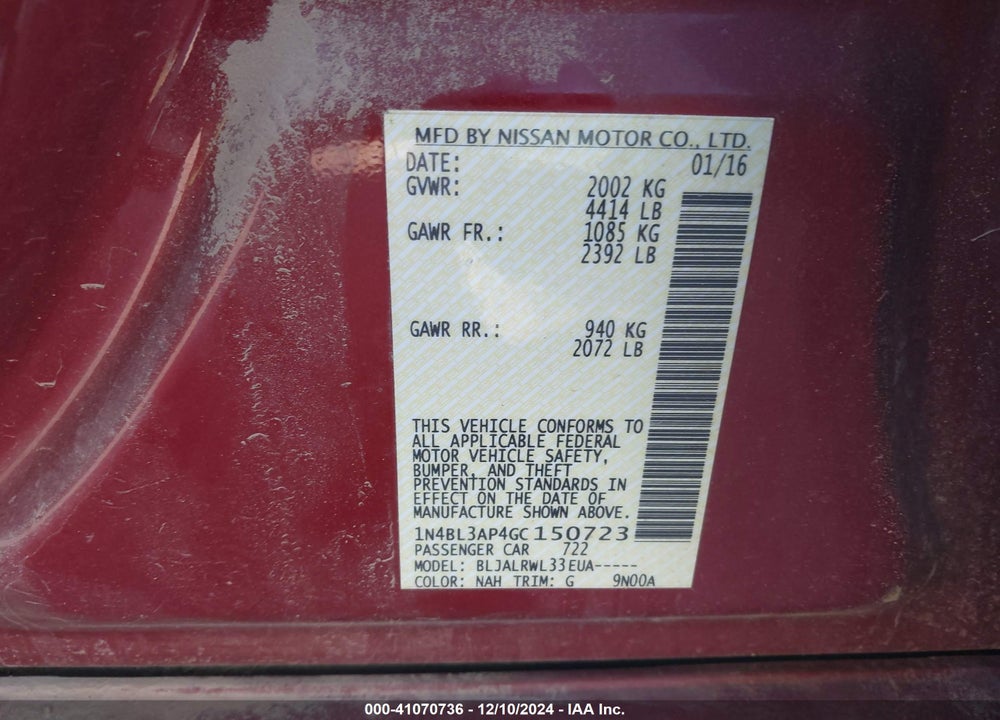 2016 NISSAN ALTIMA 3.5 SL/3.5 SR VIN: 1N4BL3AP4GC150723
