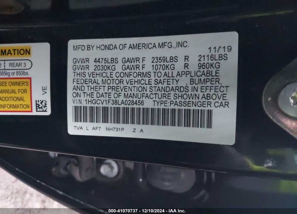 2020 HONDA ACCORD SPORT VIN: 1HGCV1F38LA028456