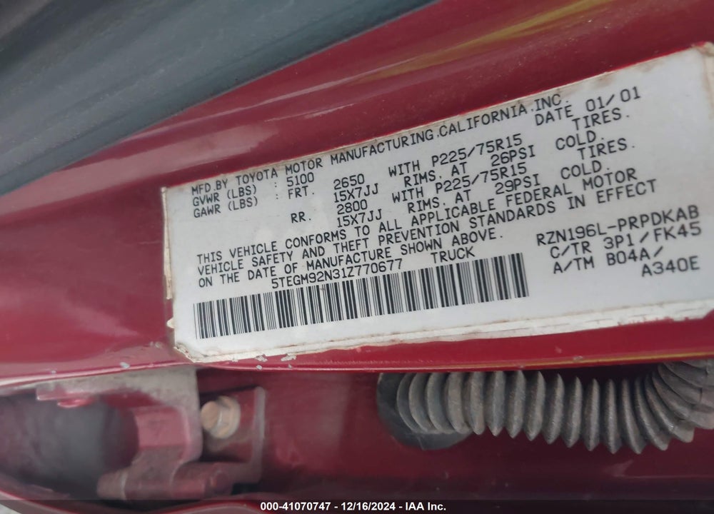 2001 TOYOTA TACOMA PRERUNNER VIN: 5TEGM92N31Z770677