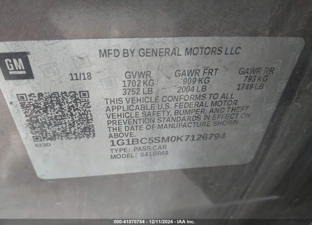 2019 CHEVROLET CRUZE VIN: 1G1BC5SM0K7126794