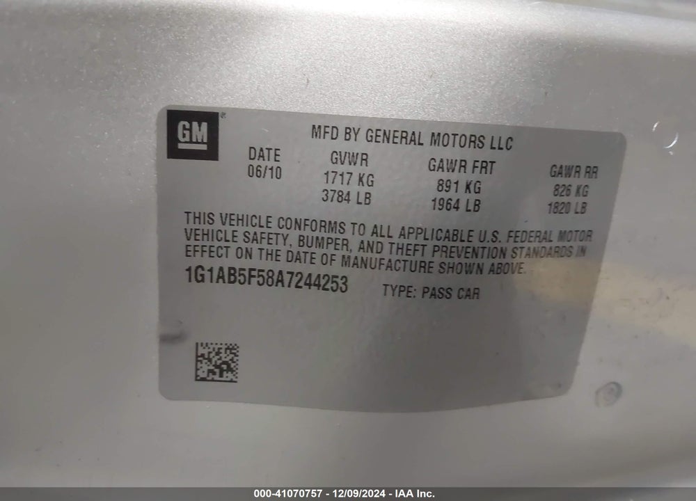 2010 CHEVROLET COBALT LS VIN: 1G1AB5F58A7244253