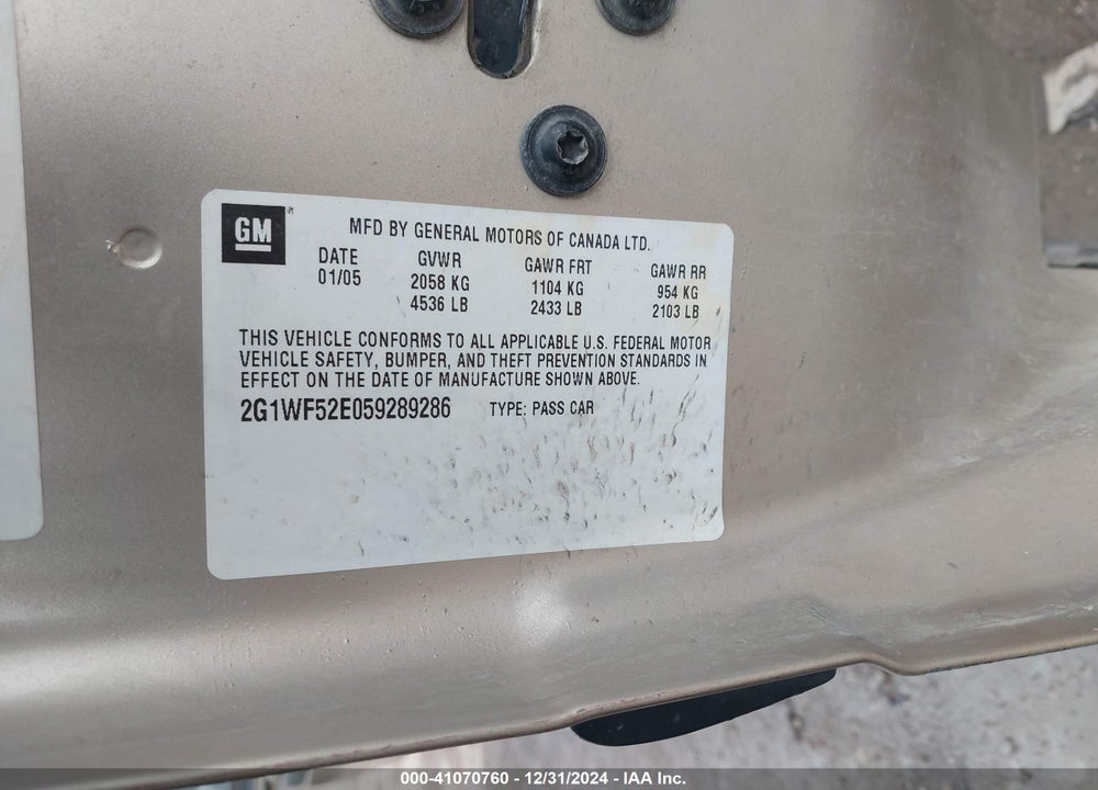 2005 CHEVROLET IMPALA VIN: 2G1WF52E059289286