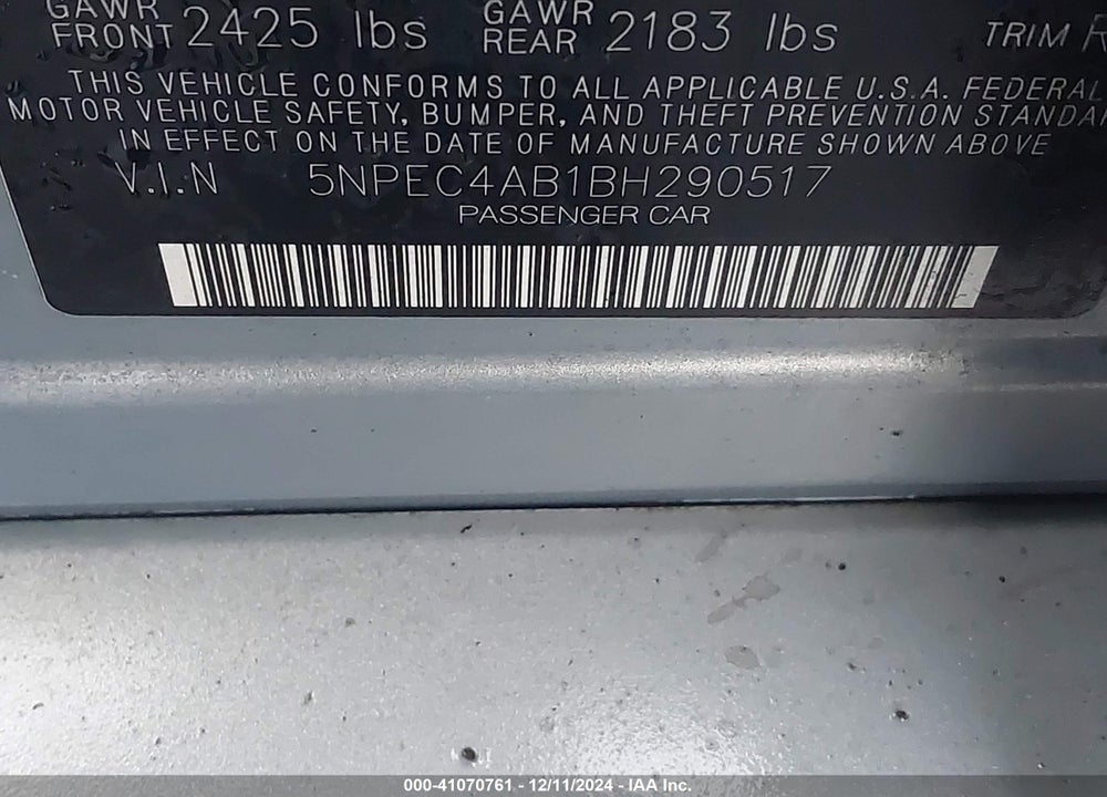 2011 HYUNDAI SONATA LIMITED 2.0T VIN: 5NPEC4AB1BH290517