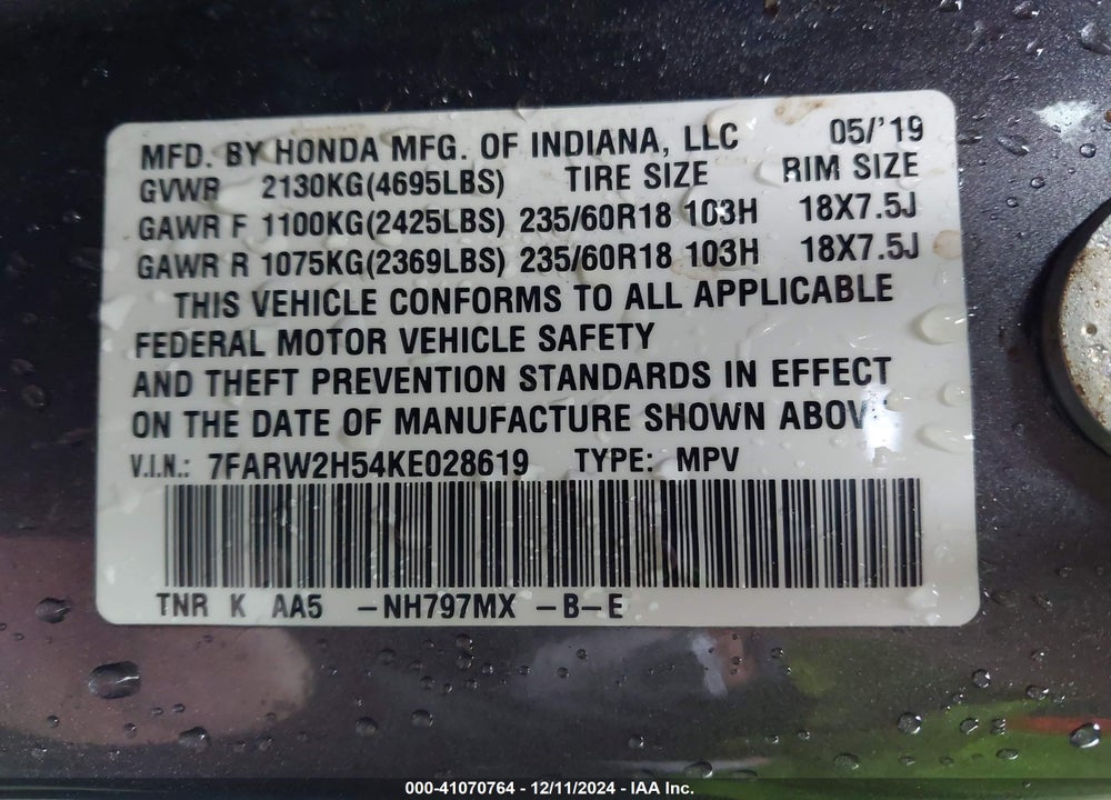 2019 HONDA CR-V VIN: 7FARW2H54KE028619