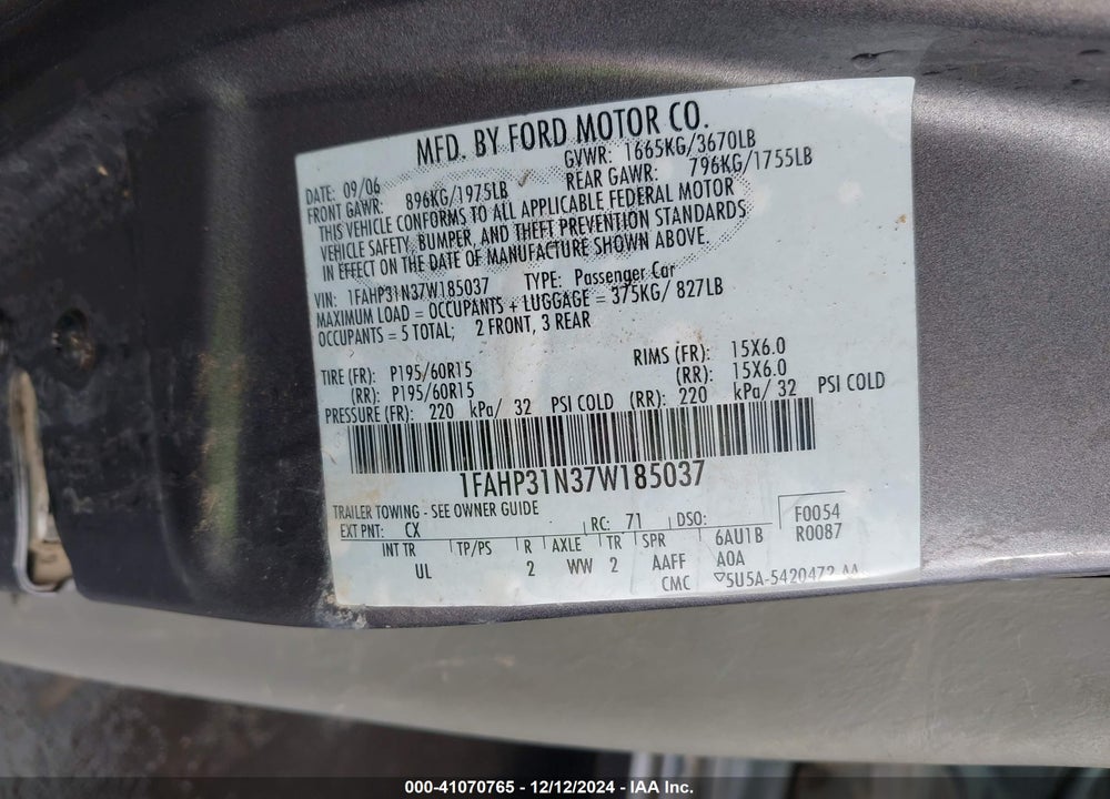 2007 FORD FOCUS S/SE/SES VIN: 1FAHP31N37W185037