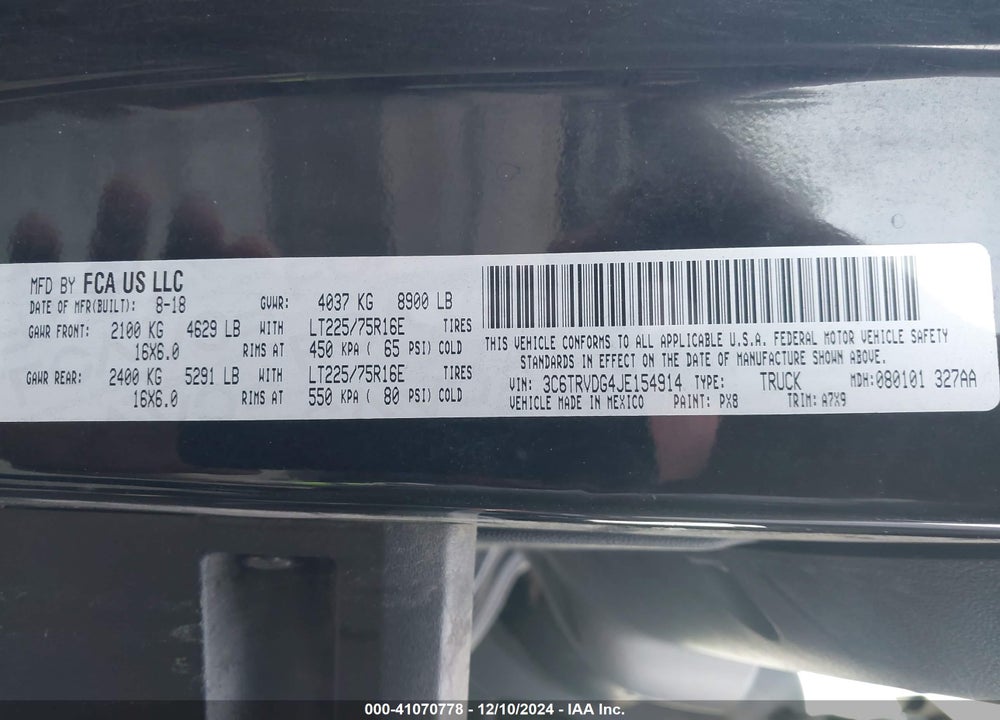 2018 RAM PROMASTER 2500 VIN: 3C6TRVDG4JE154914