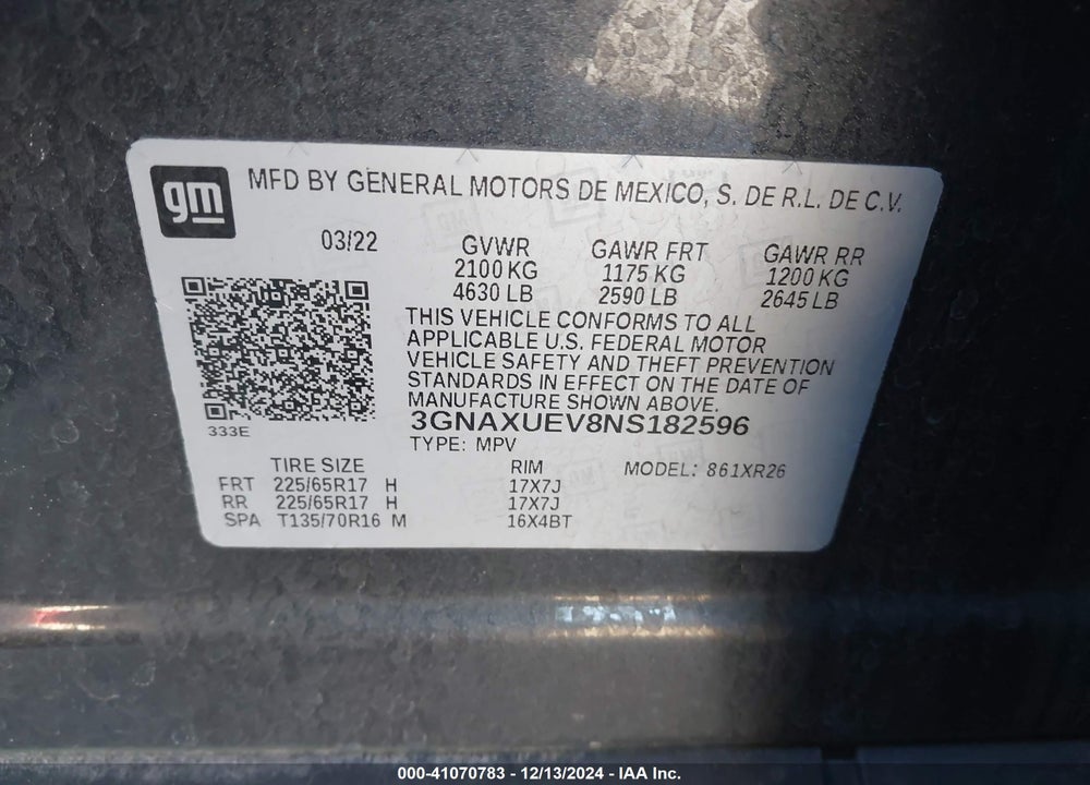 2022 CHEVROLET EQUINOX AWD LT VIN: 3GNAXUEV8NS182596