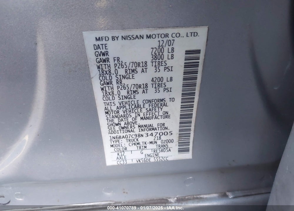 2008 NISSAN TITAN PRO-4X/XE VIN: 1N6BA07C98N347005