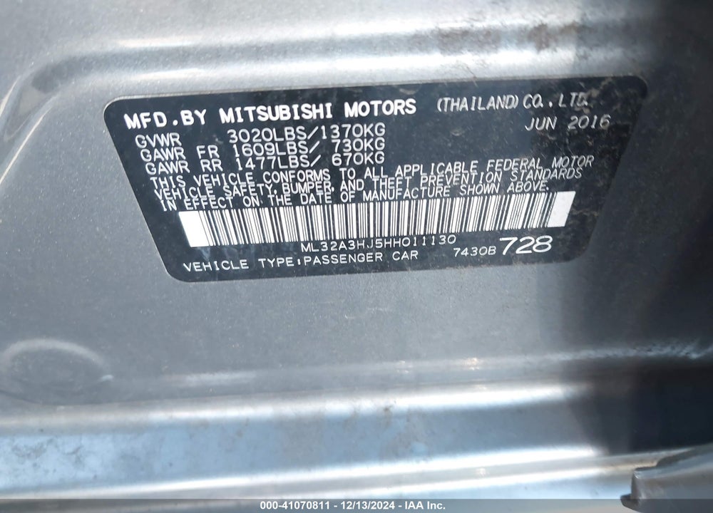 2017 MITSUBISHI MIRAGE ES VIN: ML32A3HJ5HH011130