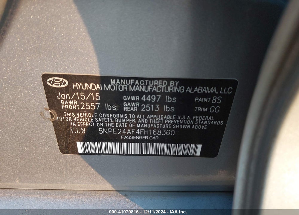 2015 HYUNDAI SONATA SE VIN: 5NPE24AF4FH168360