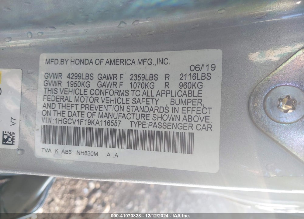 2019 HONDA ACCORD LX VIN: 1HGCV1F19KA116557