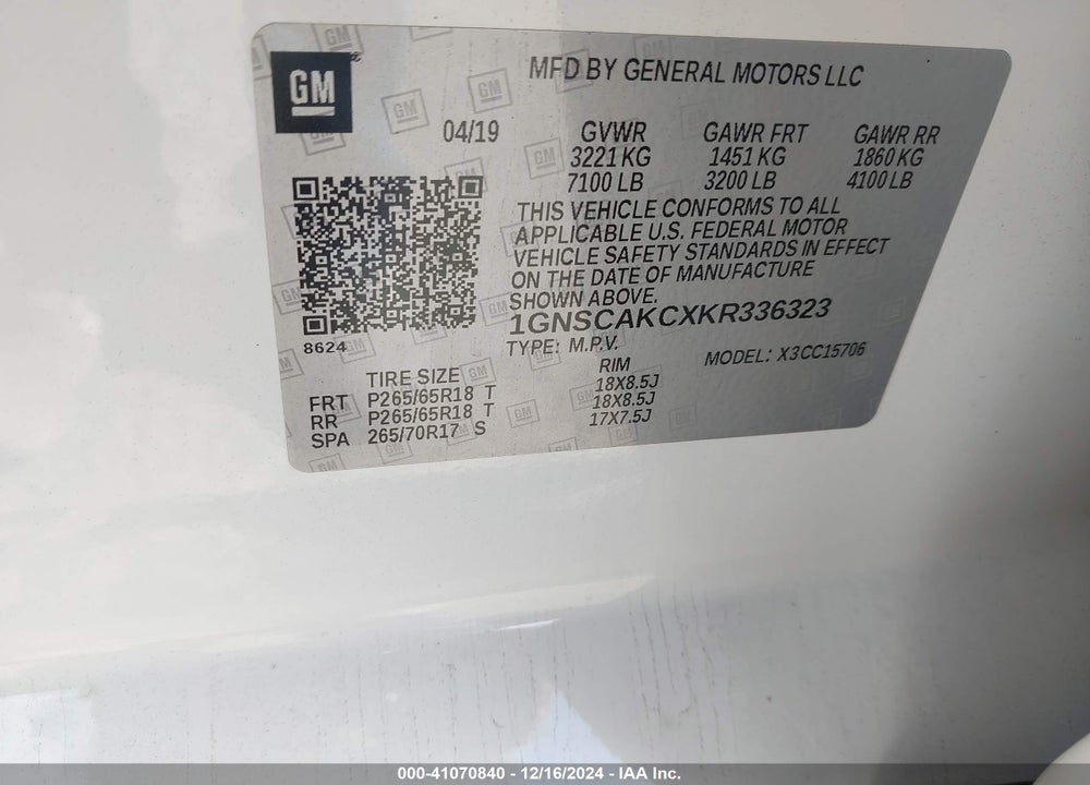 2019 CHEVROLET TAHOE LS VIN: 1GNSCAKCXKR336323