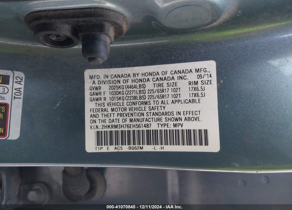 2014 HONDA CR-V EX-L VIN: 2HKRM3H76EH561487