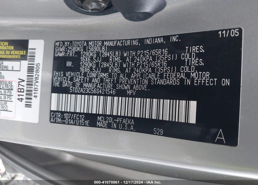 2006 TOYOTA SIENNA LE VIN: 5TDZA23C56S421546