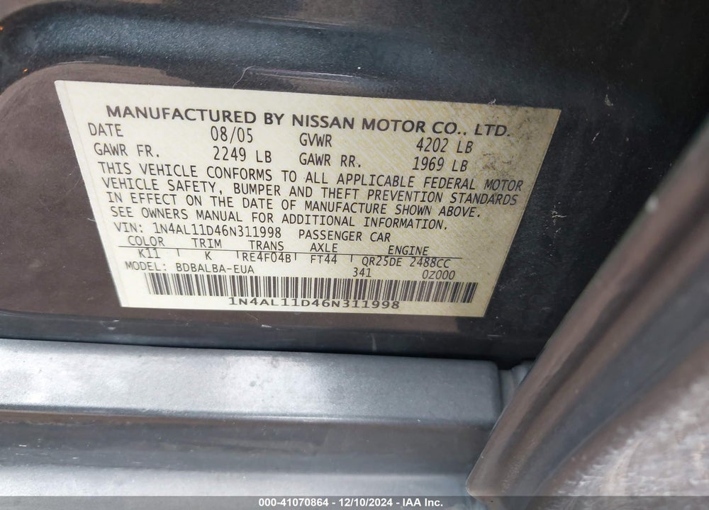 2006 NISSAN ALTIMA 2.5 S VIN: 1N4AL11D46N311998