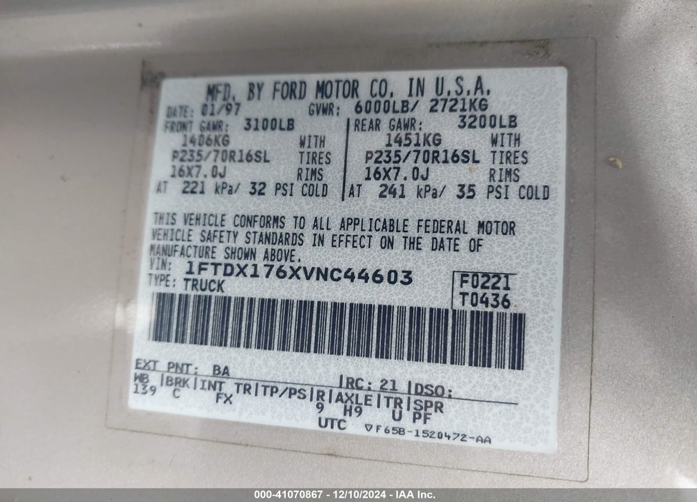 1997 FORD F-150 LARIAT/STANDARD/XL/XLT VIN: 1FTDX176XVNC44603
