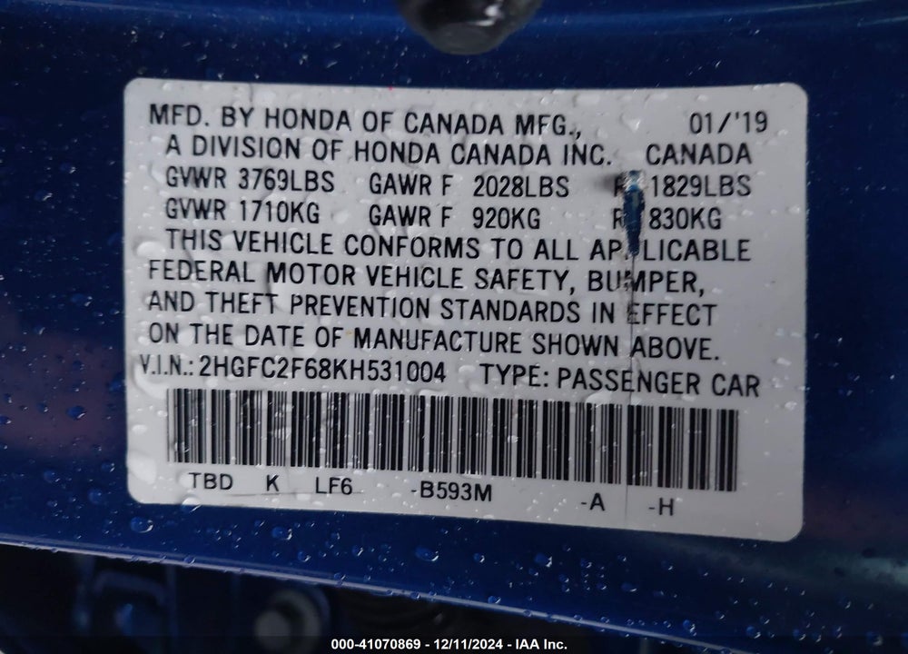2019 HONDA CIVIC LX VIN: 2HGFC2F68KH531004