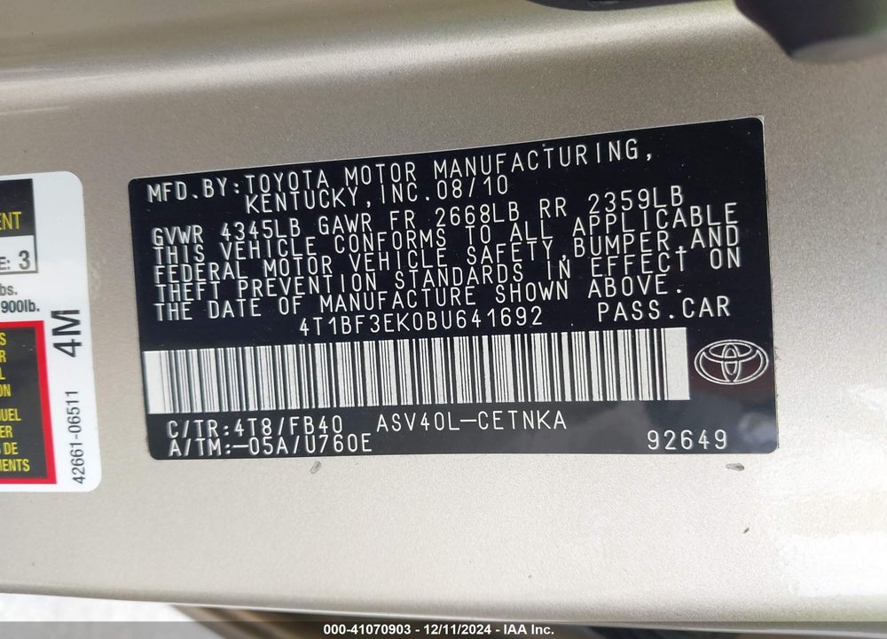2011 TOYOTA CAMRY LE VIN: 4T1BF3EK0BU641692
