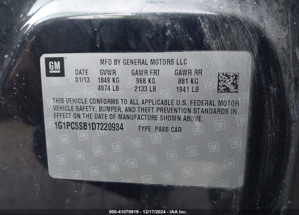 2013 CHEVROLET CRUZE 1LT AUTO VIN: 1G1PC5SB1D7220934