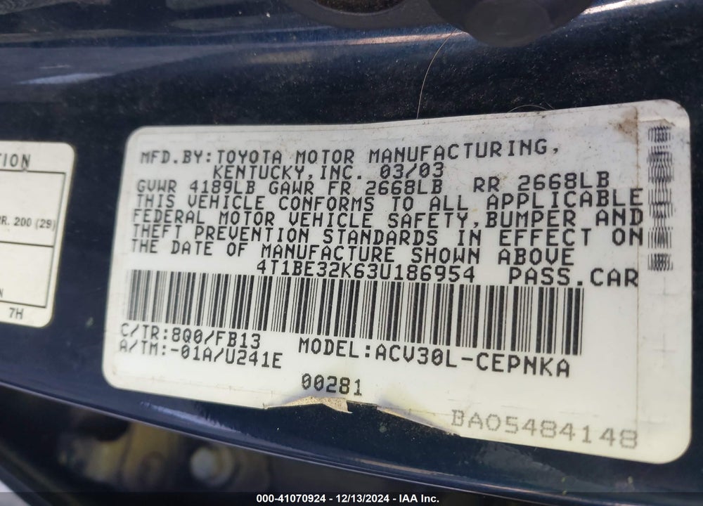 2003 TOYOTA CAMRY LE VIN: 4T1BE32K63U186954