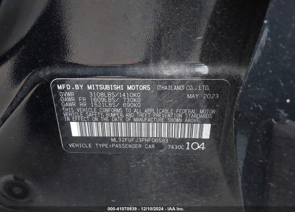 2023 MITSUBISHI MIRAGE G4 VIN: ML32FUFJ3PHF06583
